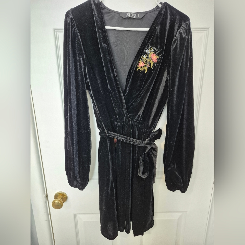 Disturbia Black Velvet Dress with Floral Detail
